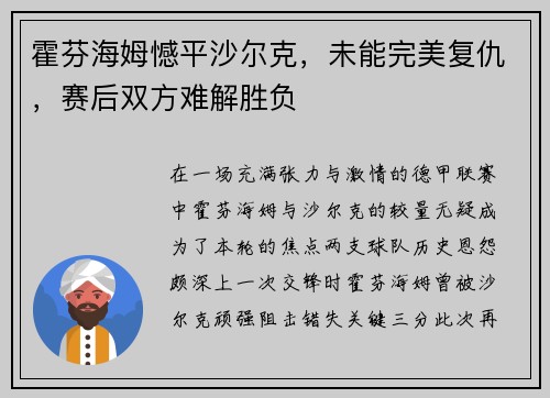 霍芬海姆憾平沙尔克，未能完美复仇，赛后双方难解胜负